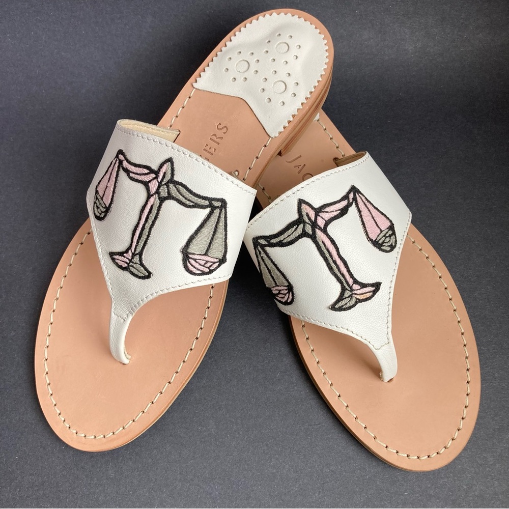 Jack Rogers Libra White Leather Embroidered Thong Sandals Like New, Sz 7
